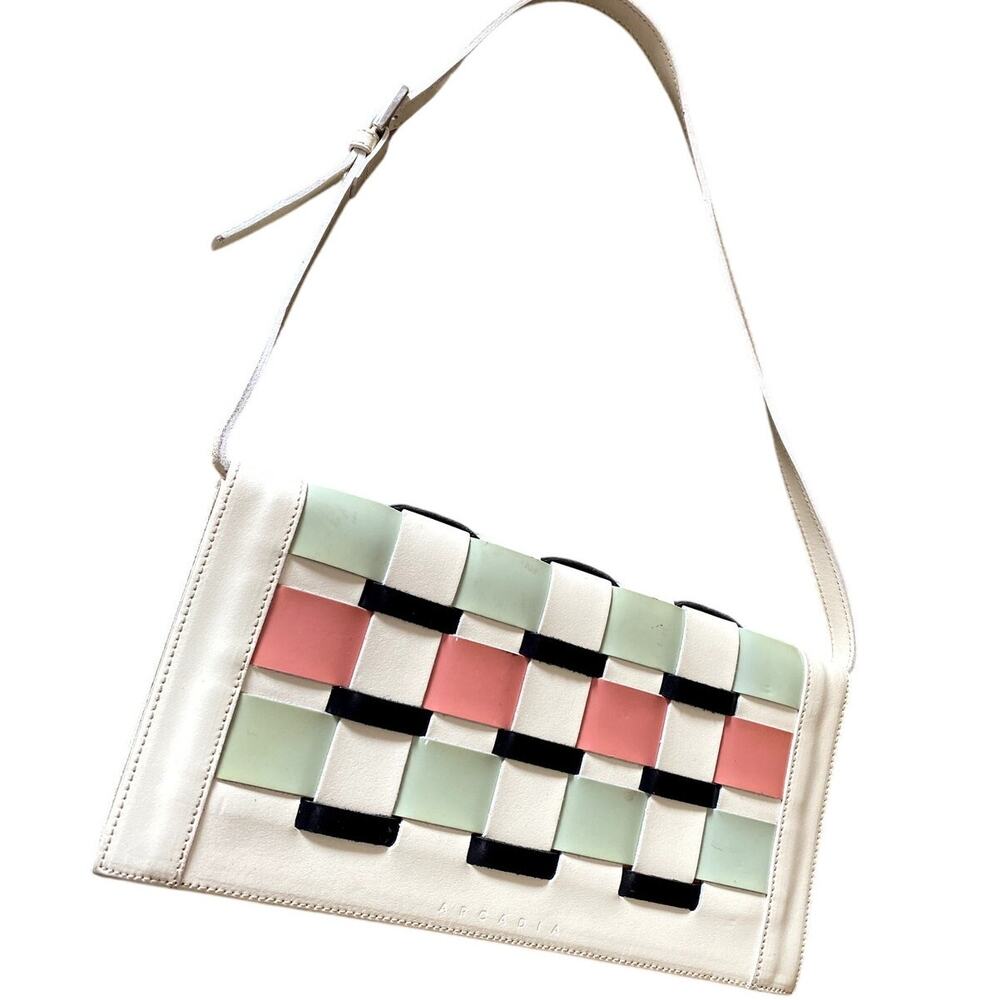 Vintage Arcadia Italy Woven Leather Shoulder Bag Pastel Retro Purse 12x6